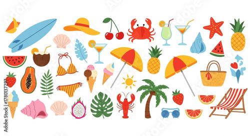 Collection of summer vacation and beach elements, including a surfboard, hats, sunglasses, swimwear, ice cream, cocktails, fruits, and beach chairs