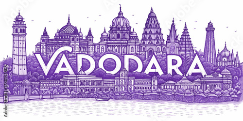 Vadodara Skyline Sketch with Cultural Heritage Landmarks – Laxmi Vilas Palace, Sayaji Garden, Kirti Mandir, Nyay Mandir – Artistic Cityscape for Gujarat Tourism Poster & Travel Branding