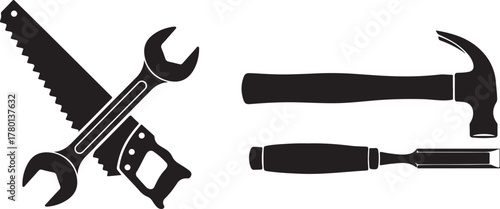 Black Silhouette Vector Icons of Hand Tools for Repair and Construction