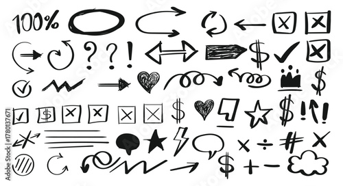 Red crayon hand drawn underline and arrows set. Doodle check marks, ovals, highlights, and speech bubbles with charcoal brush strokes. Vector sketch elements.