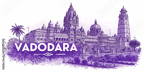 Vadodara Skyline Sketch with Cultural Heritage Landmarks – Laxmi Vilas Palace, Sayaji Garden, Kirti Mandir, Nyay Mandir – Artistic Cityscape for Gujarat Tourism Poster & Travel Branding