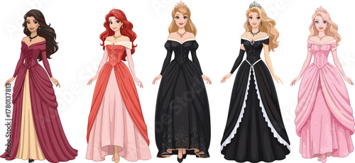Cartoon princess characters in gowns, royal fashion lineup illustration, elegant fairytale concept, cad drawing flat vector illustration