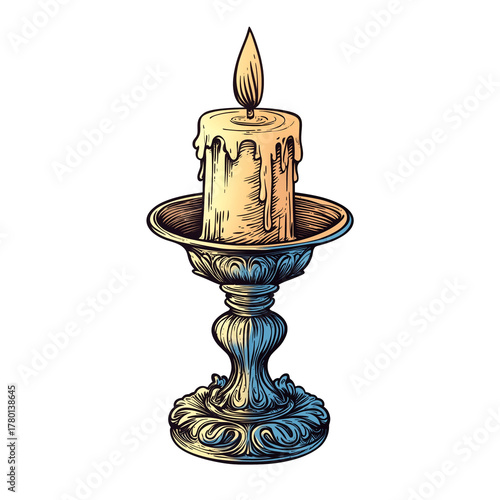Vintage Candle on Brass Holder Illustration Antique Engraving, Generative AI