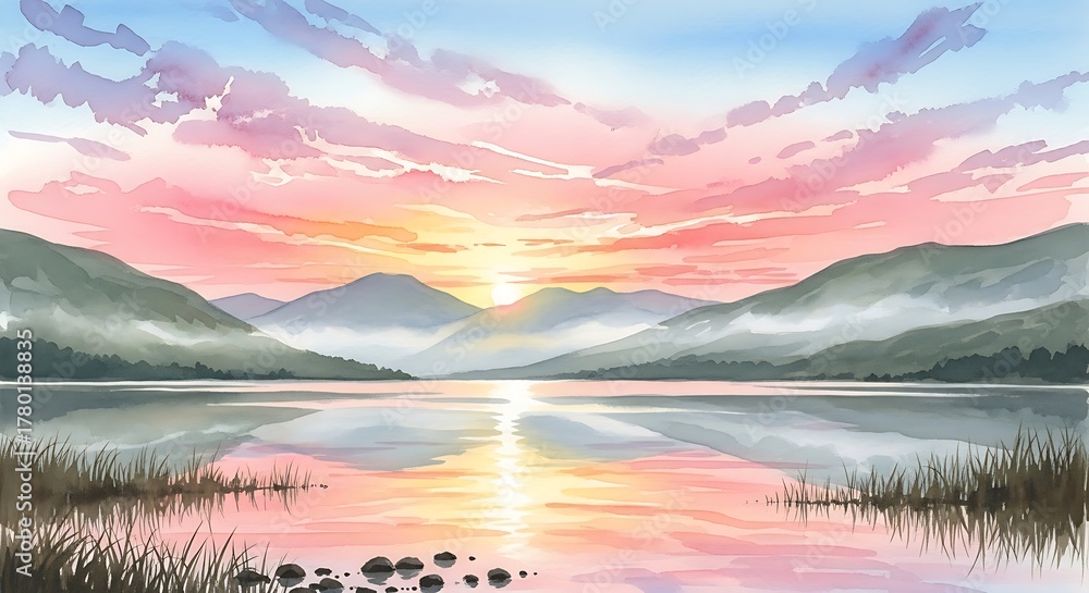 Fototapeta premium Watercolor painting of a lake reflecting a pink and orange sunset with mountains in the distance