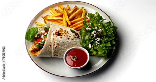 A delicious plate featuring a burrito, crispy fries, fresh salad, and salsa on a white background