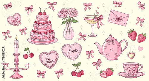 A collection of cute pink elements for a celebration or romantic occasion, including a tiered cake, roses, champagne, teapot, and strawberries