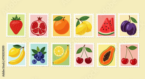 Assortment of colorful fruit postage stamps, featuring strawberry, pomegranate, orange, lemon, watermelon, plum, blueberry, banana, cherry, and papaya