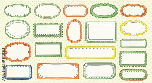 Assortment of handdrawn, colorful frames and labels in various shapes and styles, perfect for scrapbooking or journaling
