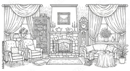 Detailed black and white sketch of a cozy, traditional living room interior featuring a large stone fireplace, bookshelves, grandfather clock, and comfortable seating