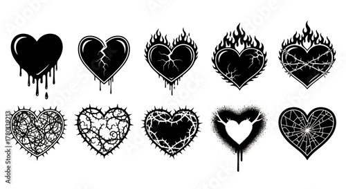 Set of ten black and white graphic heart illustrations, depicting various emotional states and styles, including broken, burning, thorny, and dripping hearts