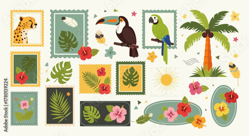 Tropical postage stamp collection featuring toucans, parrots, leopards, palm trees, hibiscus flowers, and monstera leaves, isolated on a