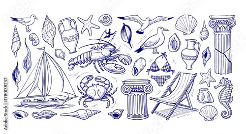 Collection of handdrawn nautical and beach elements, including a sailboat, crab, lobster, amphorae, columns, deck chair, bikini, and seagulls