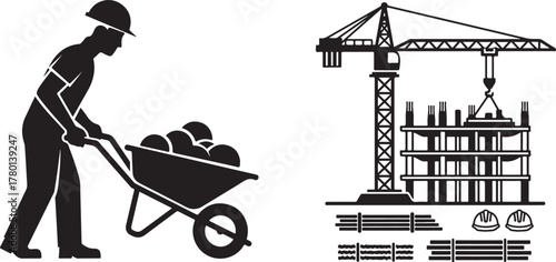 Monochromatic Vector Icons of Construction Worker, Crane and Building Site