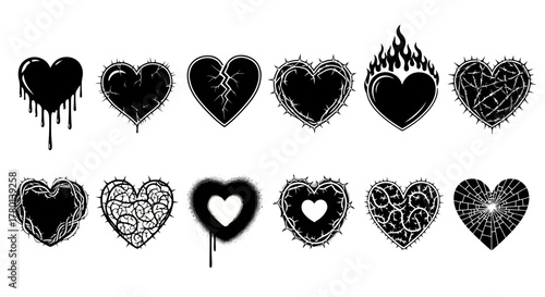 Collection of black heart illustrations with various designs, including dripping, cracked, thorny, and flaming hearts, isolated on a