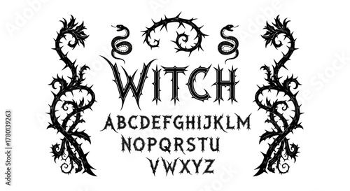 Gothic alphabet font with thorny vines and snake elements, suitable for halloween or witchcraft themes