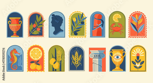 Collection of decorative arched elements featuring ancient greek motifs like amphorae, laurel branches, classical busts, seahorses, and architectural details