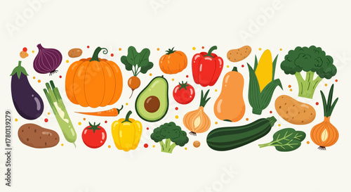 Vibrant arrangement of fresh vegetables, including pumpkin, eggplant, bell peppers, broccoli, corn, zucchini, avocado, and potatoes, showcasing healthy eating