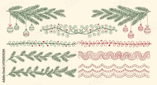 Festive collection of handdrawn christmas and winter holiday decorative borders and elements, including pine branches, ornaments, and lacelike patterns