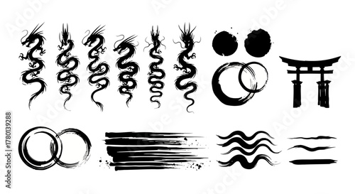 Set of black ink brush stroke illustrations depicting japanese dragons, torii gates, enso circles, and abstract wave patterns for traditional art and design