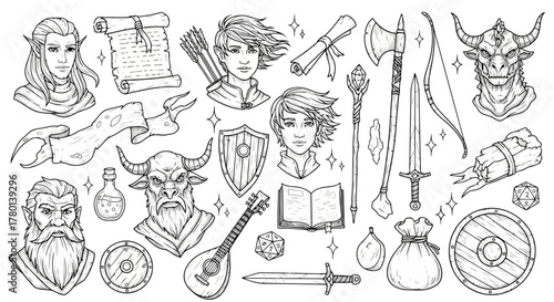 Collection of fantasy and roleplaying game elements including characters, weapons, scrolls, and mythical creatures
