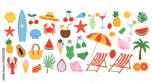 Vibrant collection of summer vacation and beach elements including fruits, drinks, swimwear, and beach accessories
