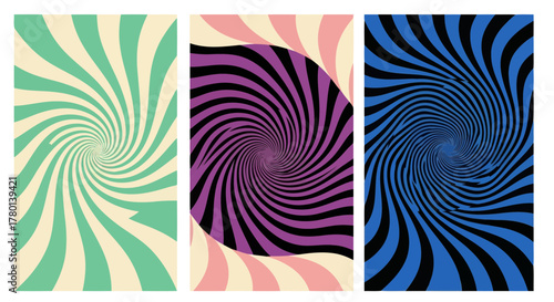 Abstract psychedelic swirl patterns in three vertical panels, featuring a mint green and cream, a purple and pink, and a blue and black color scheme, creating a hypnotic visual effect