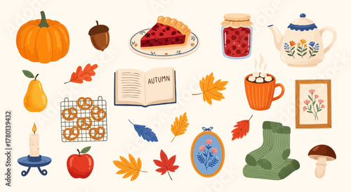 Cozy autumnthemed illustration featuring seasonal elements like a pumpkin, apple, pear, pie, hot chocolate, jam, pretzels, socks, candle, book, and fall leaves, set against a warm, neutral background