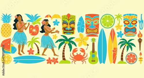 Hawaiian luau party elements with hula dancers, tiki masks, surfboards, pineapples, and tropical flowers, perfect for summer vacation and beach themes