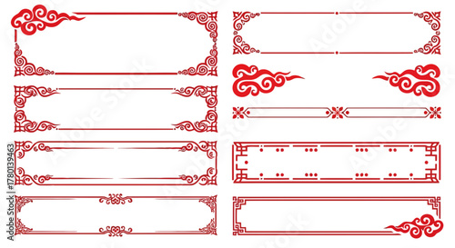 Decorative red chinese style frames and borders with cloud motifs and traditional patterns
