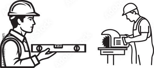 Vector Outline Illustration of Construction Workers with Level and Saw
