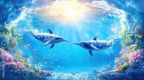 Fototapeta Naklejka Na Ścianę i Meble -  Joyful dolphins swim gracefully in vibrant coral reef, bathed in magical sunlight