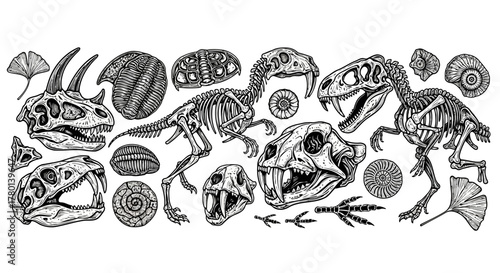 A detailed black and white illustration of various prehistoric dinosaur and mammal skeletons, including skulls, fossils, and ancient plant imprints, arranged dynamically