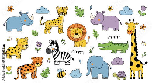 A collection of cute cartoon safari animals including a lion, giraffe, zebra, elephant, rhinoceros, cheetah, crocodile, and turtle