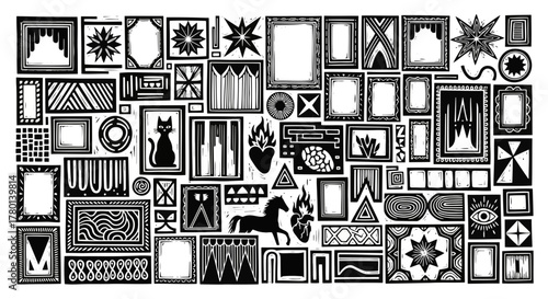 A collection of various black and white graphic frames and motifs, including a cat, horse, and heart, in a collage style