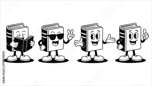 Four cartoon books with arms and legs in various poses reading wearing sunglasses giving peace sign and pointing