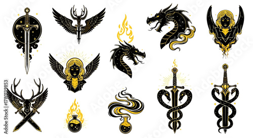 Mystical collection of fantasy icons including swords, dragons, mythical creatures, wings, potions, and antlers, set against a dark, dramatic backdrop