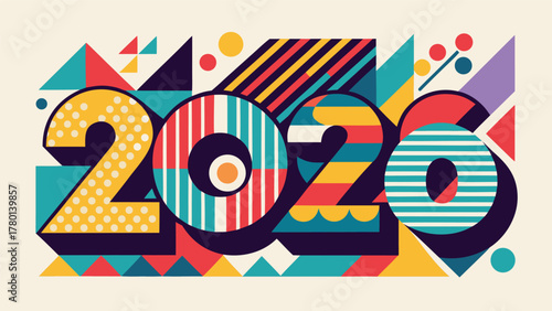 Colorful 2020 design with abstract geometric shapes and patterns