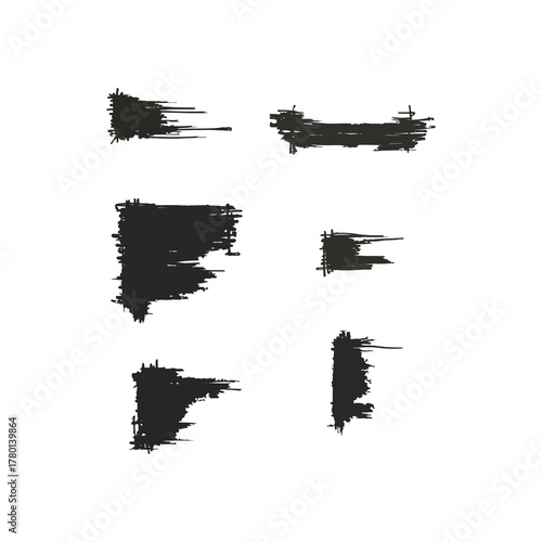 six dark gray abstract brush strokes on a black background