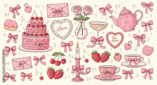 A charming collection of pinkthemed elements for valentines day or celebrations, featuring a cake, teapot, roses, strawberries, and bows