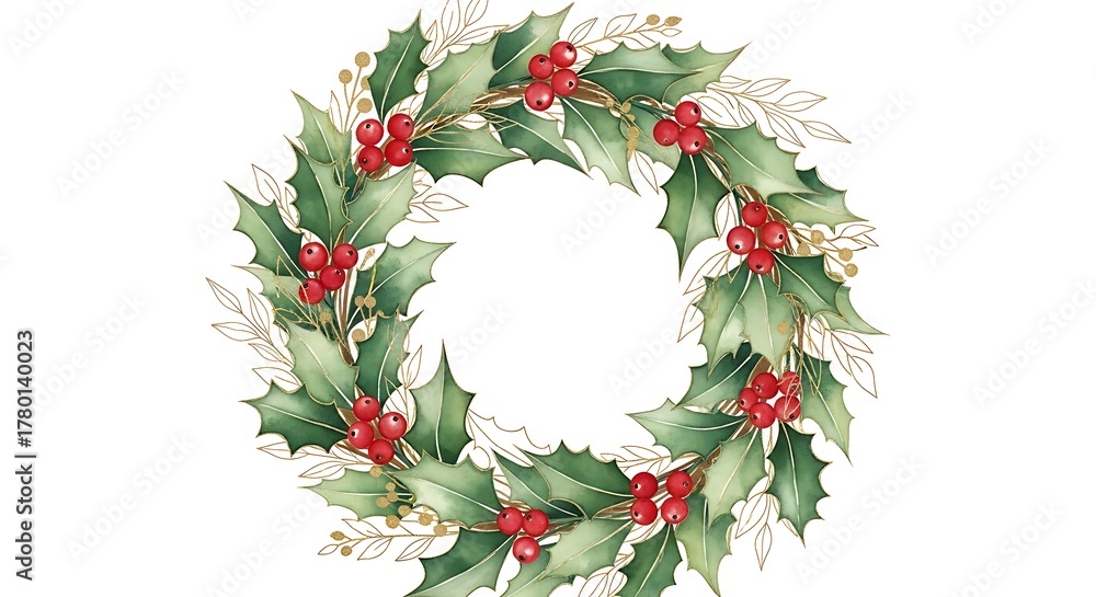Fototapeta premium Watercolor christmas wreath with holly leaves and red berries on a white background design element