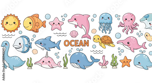 Collection of cute cartoon sea creatures and ocean elements, including a sun, fish, dolphin, jellyfish, octopus, turtle, and narwhal, on a