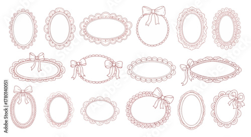 Set of decorative oval frames with lace and bow embellishments, in a delicate pink line art style