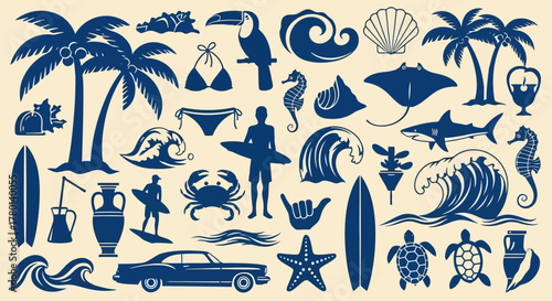 Set of blue silhouette icons representing summer beach and ocean activities, including palm trees, surfboards, waves, sharks, stingrays, and a classic car