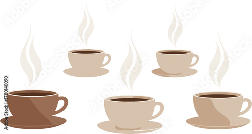 Steaming coffee cups with saucers, cozy beverage illustration, warm drink concept, morning relaxation scene, cad drawing flat vector illustration