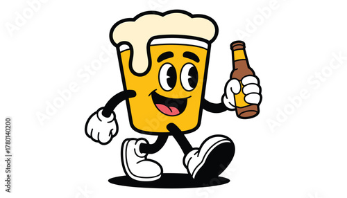 Cheerful cartoon beer glass character walking with a beer bottle in hand vector