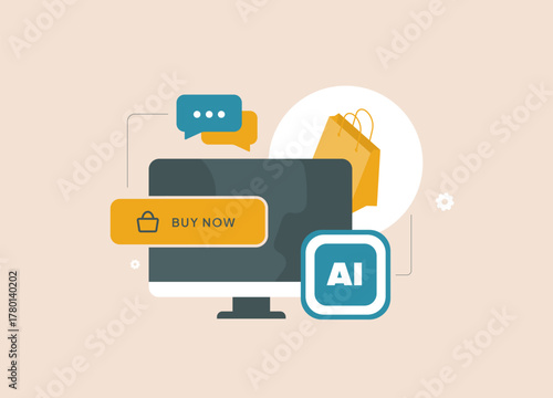 AI ecommerce personalization concept illustrating predictive product recommendations, chat-driven upselling, real-time analytics, and optimized online shopping workflow, flat vector illustration.