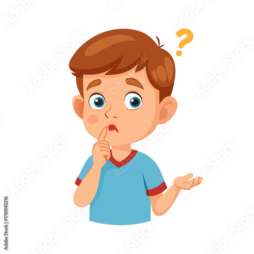 Child question. Thoughtful young boy ask question, confused kid and understand or found answer cartoon vector portrait illustration

