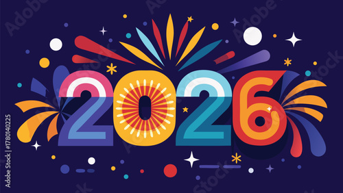 Happy new year 2026 celebration banner with colorful fireworks