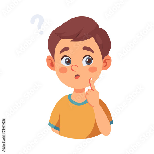 Child question. Thoughtful young boy ask question, confused kid and understand or found answer cartoon vector portrait illustration
