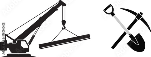 Monochromatic Vector Illustration of Construction Crane and Crossed Digging Tools